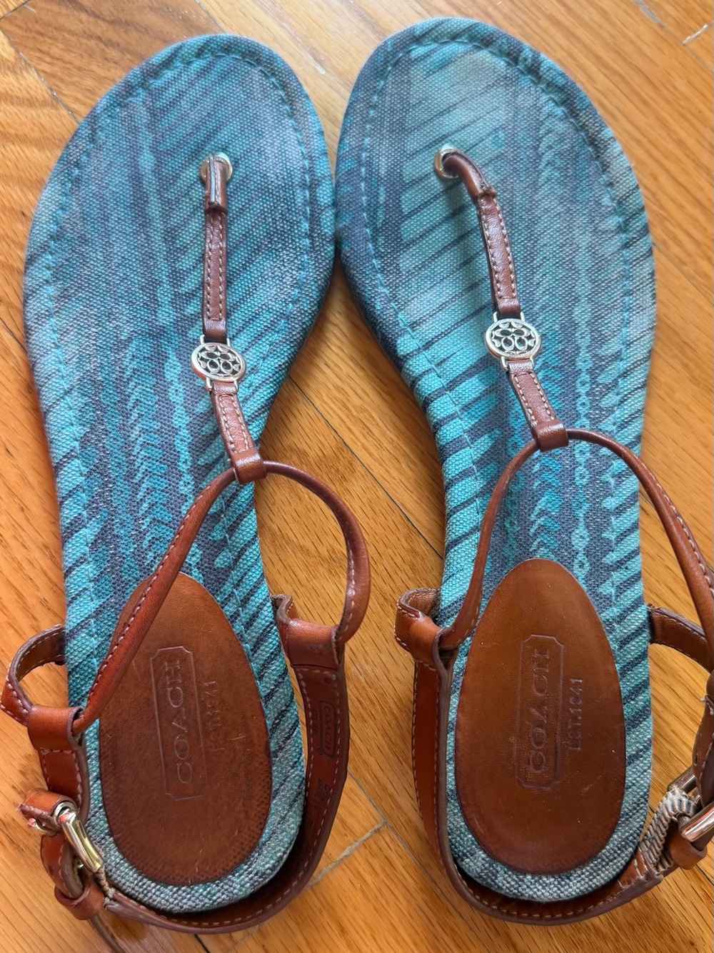 Coach 8 - Teal Pattern Sandal with Brown Leather Straps